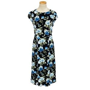 Banana Republic Dress Women's 8 Black Blue Floral Short Sleeve Fit & Flare Slit